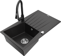 Mexen Cesar Granitspüle 1-Becken mit Abtropffläche und Küchenarmatur Elia, schwarz/silber metallic - 6514-73-670101-70