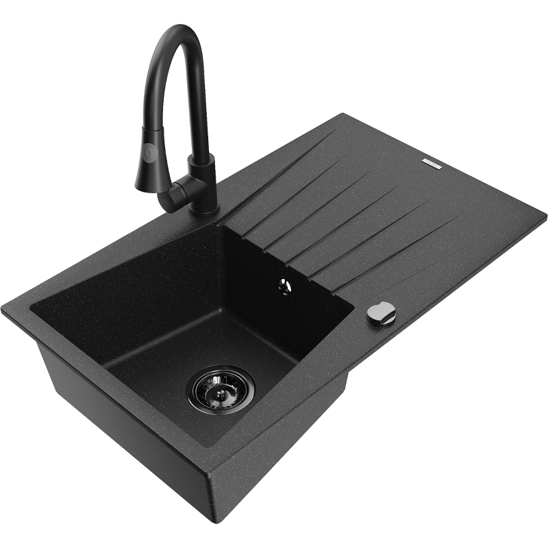 Mexen Cesar Granitspüle 1-Becken mit Abtropffläche und Küchenarmatur Elia, schwarz/silberner Metallic - 6514-73-670101-70-B