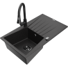 Mexen Cesar Granitspüle 1-Becken mit Abtropffläche und Küchenarmatur Elia, schwarz/silberner Metallic - 6514-73-670101-70-B