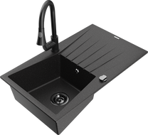 Mexen Cesar Granitspüle 1-Becken mit Abtropffläche und Küchenarmatur Elia, schwarz/silberner Metallic - 6514-73-670101-70-B