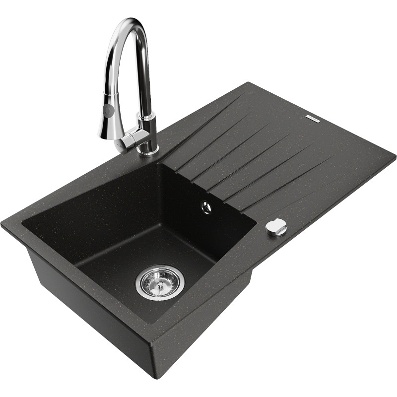 Mexen Cesar Granitspüle 1-Becken mit Abtropffläche und Küchenarmatur Elia, schwarz/gold metallic - 6514-75-670101-00