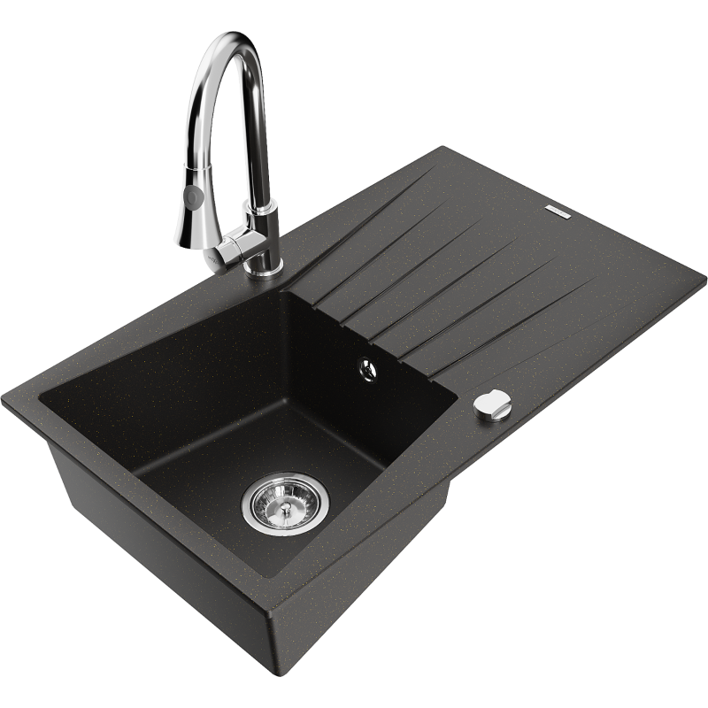 Mexen Cesar Granitspüle 1-Becken mit Abtropffläche und Küchenarmatur Elia, schwarz/goldmetallik - 6514-75-670101-00