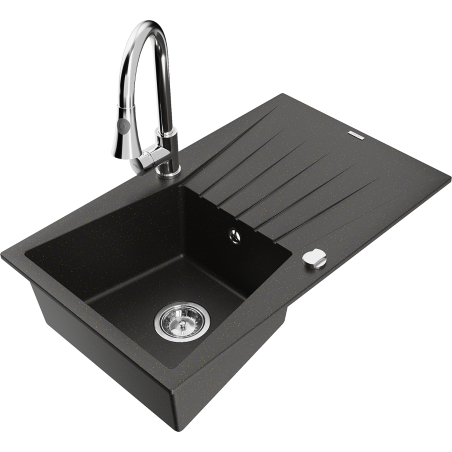 Mexen Cesar Granitspüle 1-Becken mit Abtropffläche und Küchenarmatur Elia, schwarz/goldmetallik - 6514-75-670101-00