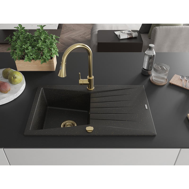 Mexen Cesar Granitspüle 1-becken mit Abtropffläche und Küchenarmatur Elia, schwarz/gold metallic - 6514-75-670101-50