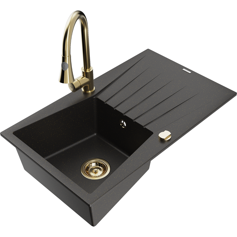 Mexen Cesar Granitspüle 1-becken mit Abtropffläche und Küchenarmatur Elia, schwarz/gold metallic - 6514-75-670101-50