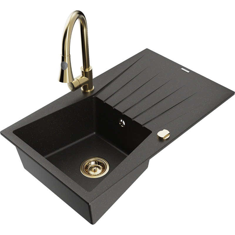 Mexen Cesar Granitspüle 1-beckig mit Abtropffläche und Küchenarmatur Elia, schwarz/gold metallic - 6514-75-670101-50