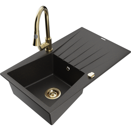 Mexen Cesar Granitspüle 1-becken mit Abtropffläche und Küchenarmatur Elia, schwarz/gold metallic - 6514-75-670101-50