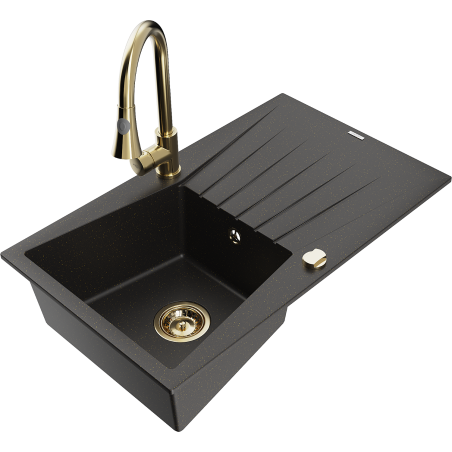 Mexen Cesar Granitspüle 1-beckig mit Abtropffläche und Küchenarmatur Elia, schwarz/gold metallic - 6514-75-670101-50