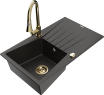 Mexen Cesar Granitspüle 1-becken mit Abtropffläche und Küchenarmatur Elia, schwarz/gold metallic - 6514-75-670101-50