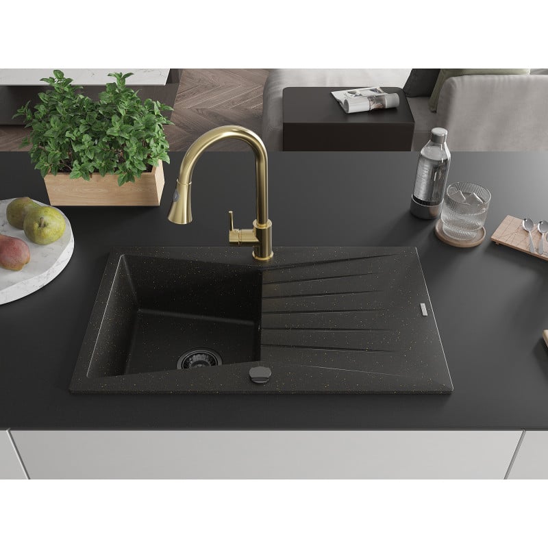 Mexen Cesar Granitspüle 1-Becken mit Abtropffläche und Küchenarmatur Elia, schwarz/gold Metallic - 6514-75-670101-50-B