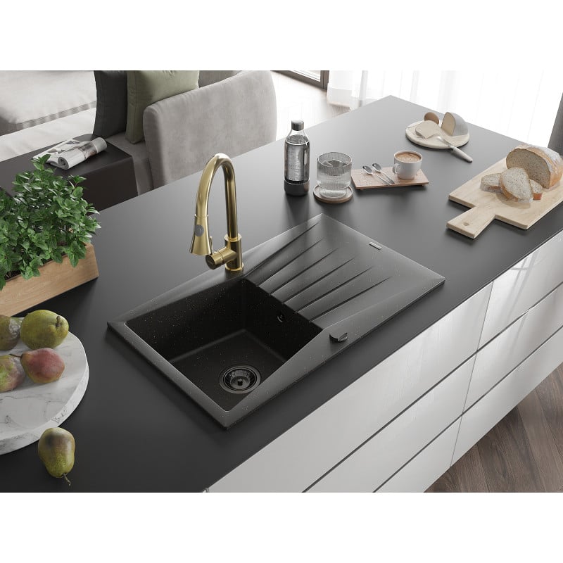 Mexen Cesar Granitspüle 1-Becken mit Abtropffläche und Küchenarmatur Elia, schwarz/gold Metallic - 6514-75-670101-50-B