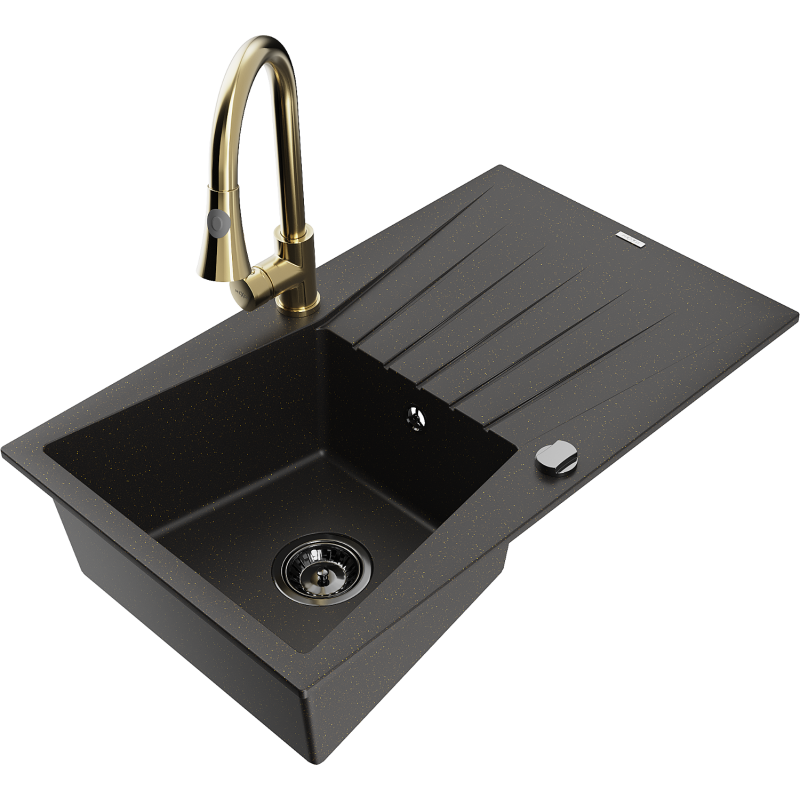 Mexen Cesar Granitspüle 1-Becken mit Abtropffläche und Küchenarmatur Elia, schwarz/gold Metallic - 6514-75-670101-50-B