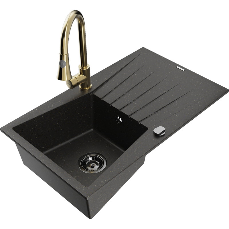 Mexen Cesar granitspüle einbeckig mit Abtropffläche und Küchenarmatur Elia, schwarz/gold metallic - 6514-75-670101-50-B