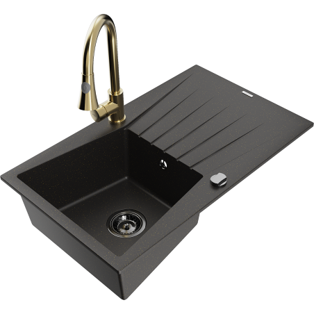 Mexen Cesar Granitspüle 1-Becken mit Abtropffläche und Küchenarmatur Elia, schwarz/gold Metallic - 6514-75-670101-50-B