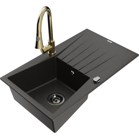 Mexen Cesar granitspüle einbeckig mit Abtropffläche und Küchenarmatur Elia, schwarz/gold metallic - 6514-75-670101-50-B