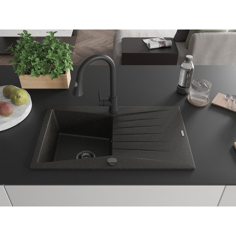 Mexen Cesar Granit-Spüle 1-beckig mit Abtropffläche und Küchenarmatur Elia, schwarz/gold metallic - 6514-75-670101-70-B