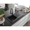Mexen Cesar Granit-Spüle 1-beckig mit Abtropffläche und Küchenarmatur Elia, schwarz/gold metallic - 6514-75-670101-70-B