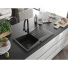 Mexen Cesar Granitspüle 1-Becken mit Abtropffläche und Küchenarmatur Elia, schwarz/goldener Metallic - 6514-75-670101-70-B