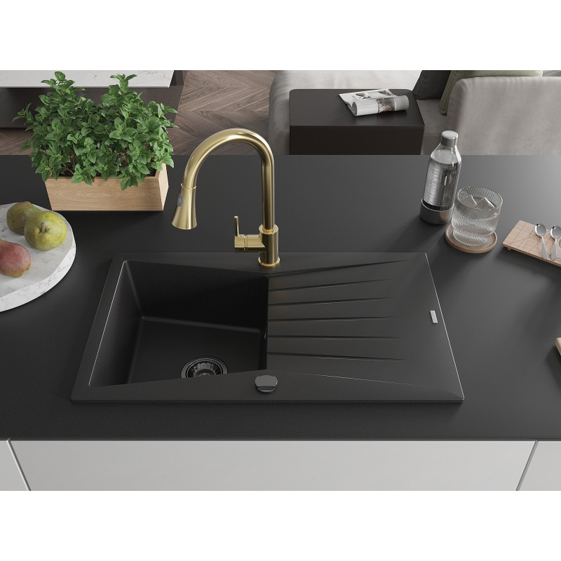 Mexen Cesar granitspüle 1-becken mit abtropffläche und küchenarmatur Elia, schwarz - 6514-77-670101-50-B