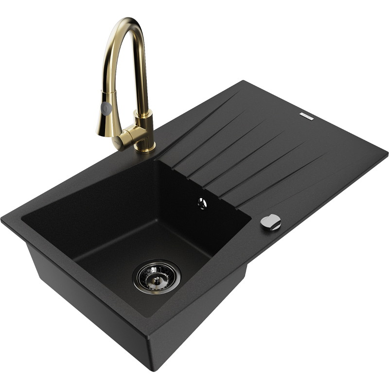 Mexen Cesar granitspüle 1-becken mit abtropffläche und küchenarmatur Elia, schwarz - 6514-77-670101-50-B
