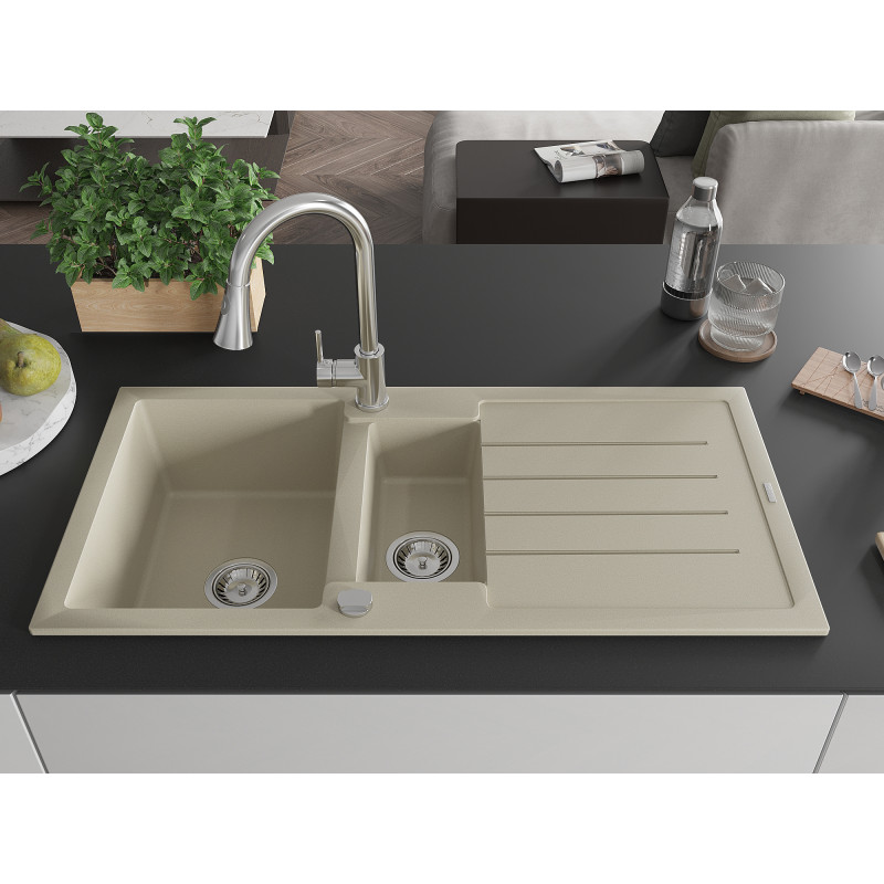 Mexen Andres Granitspüle 1,5-Becken mit Abtropffläche und Küchenarmatur Elia, beige - 6515-69-670101-00
