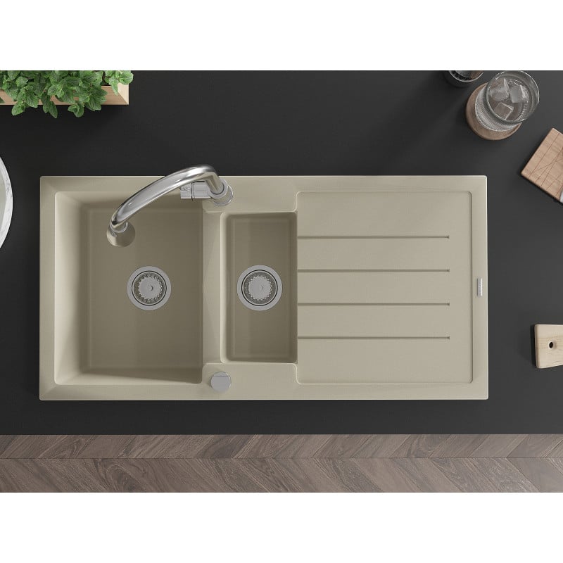 Mexen Andres Granitspüle 1,5-Becken mit Abtropffläche und Küchenarmatur Elia, beige - 6515-69-670101-00