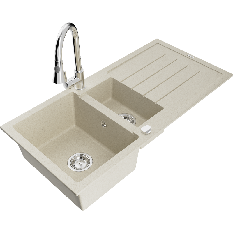 Mexen Andres Granitspüle 1,5-Becken mit Abtropffläche und Küchenarmatur Elia, beige - 6515-69-670101-00