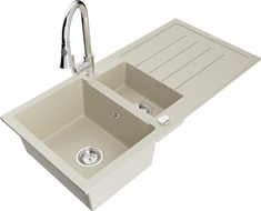 Mexen Andres 1,5-Kammer-G Spülbecken aus Granit mit Abtropffläche und Küchenarmatur Elia, beige - 6515-69-670101-00