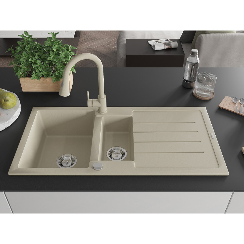 Mexen Andres 1,5-Schalen-Küchengranitspüle mit Abtropffläche und Küchenarmatur Elia, beige - 6515-69-670101-69