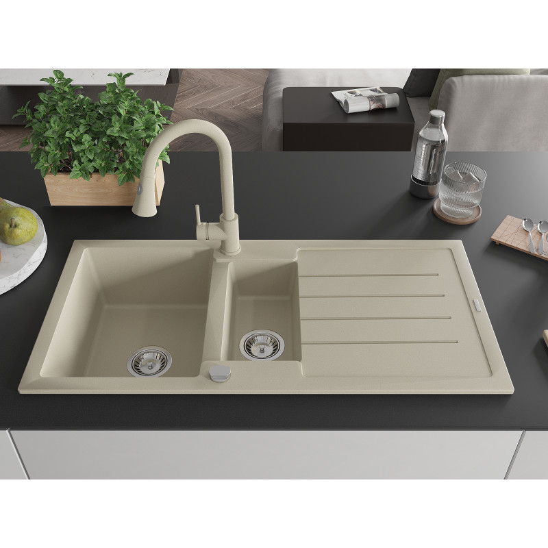 Mexen Andres Granitspüle 1,5-Becken mit Abtropffläche und Küchenarmatur Elia, beige - 6515-69-670101-69