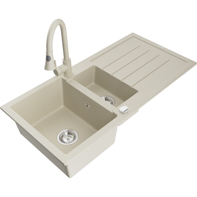 Mexen Andres 1,5-Schalen-Küchengranitspüle mit Abtropffläche und Küchenarmatur Elia, beige - 6515-69-670101-69