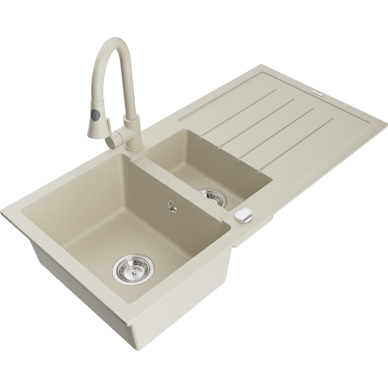 Mexen Andres Granitspüle 1,5-Becken mit Abtropffläche und Küchenarmatur Elia, beige - 6515-69-670101-69