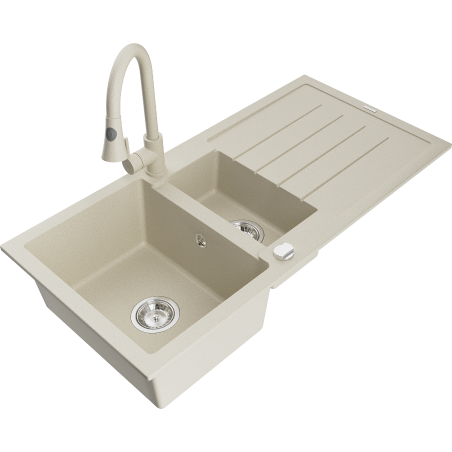 Mexen Andres Granitspüle 1,5-Becken mit Abtropffläche und Küchenarmatur Elia, beige - 6515-69-670101-69