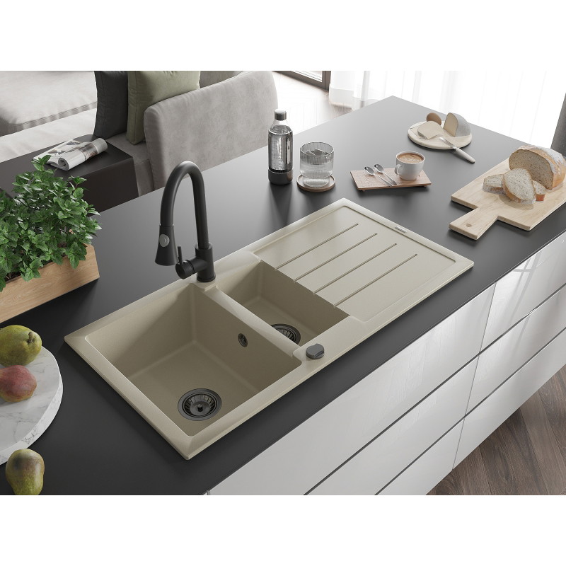 Mexen Andres Granitspüle 1,5-beckig mit Abtropffläche und Küchenarmatur Elia, beige - 6515-69-670101-70