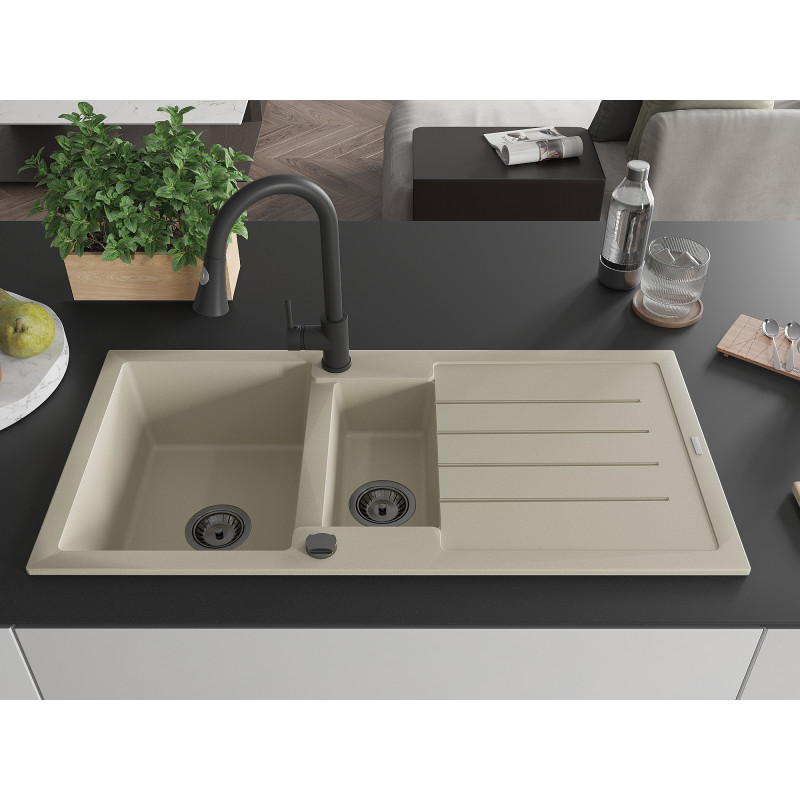 Mexen Andres Granitspüle 1,5-Becken mit Abtropffläche und Küchenarmatur Elia, beige - 6515-69-670101-70