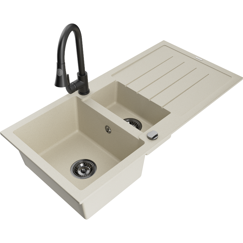 Mexen Andres Granitspüle 1,5-Becken mit Abtropffläche und Küchenarmatur Elia, beige - 6515-69-670101-70