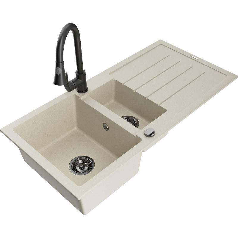 Mexen Andres Granitspüle 1,5-beckig mit Abtropffläche und Küchenarmatur Elia, beige - 6515-69-670101-70