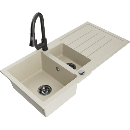 Mexen Andres Granitspüle 1,5-Becken mit Abtropffläche und Küchenarmatur Elia, beige - 6515-69-670101-70