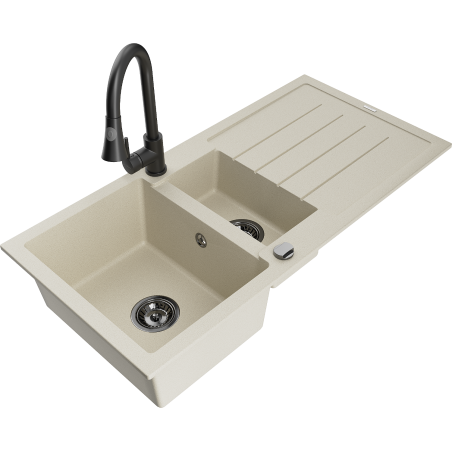 Mexen Andres Granitspüle mit 1,5 Becken, Abtropffläche und Küchenarmatur Elia, beige - 6515-69-670101-70