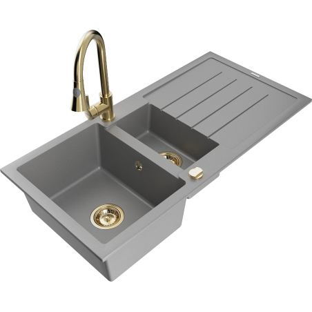 Mexen Andres Granitspüle 1,5-Becken mit Abtropffläche und Küchenarmatur Elia, grau - 6515-71-670101-50