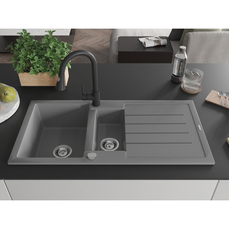 Mexen Andres 1,5-Kammer Granitspüle mit Abtropffläche und Küchenarmatur Elia, grau - 6515-71-670101-70