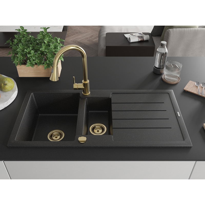 Mexen Andres Granitspüle 1,5-Kammern mit Abtropffläche und Küchenarmatur Elia, schwarz/silberner Metallic - 6515-73-670101-50