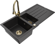 Mexen Andres Granitspüle 1,5-Kammern mit Abtropffläche und Küchenarmatur Elia, schwarz/silberner Metallic - 6515-73-670101-50