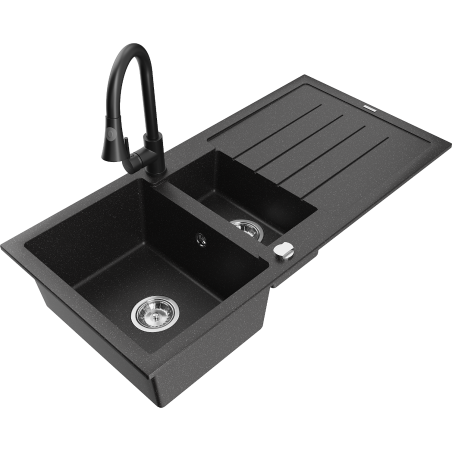 Mexen Andres Granitspüle 1,5-Becken mit Abtropffläche und Küchenarmatur Elia, schwarz/silber metallic - 6515-73-670101-70