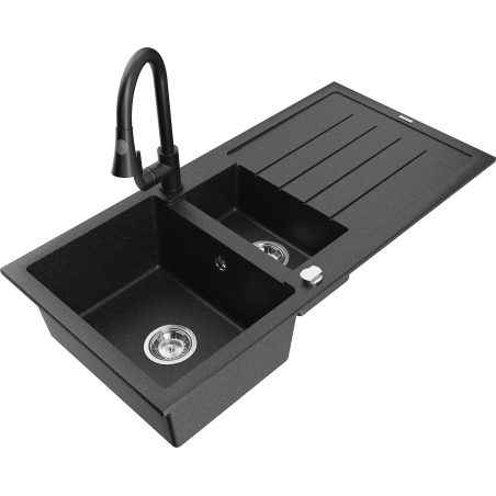 Mexen Andres Granitspüle 1,5-Kammer mit Abtropffläche und Küchenarmatur Elia, schwarz/silber metallic - 6515-73-670101-70