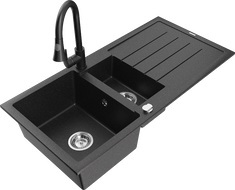 Mexen Andres Granitspüle 1,5-Kammer mit Abtropffläche und Küchenarmatur Elia, schwarz/silber metallic - 6515-73-670101-70