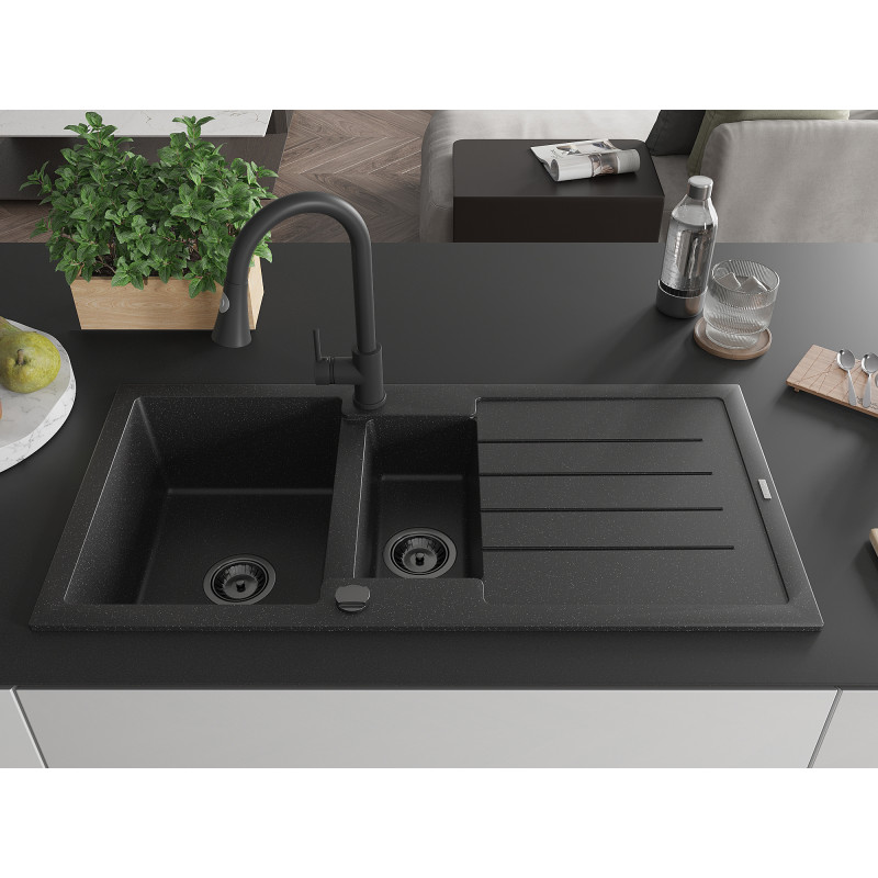 Mexen Andres Granitspüle 1,5-becken mit Abtropffläche und Küchenarmatur Elia, schwarz/silber - 6515-73-670101-70-B