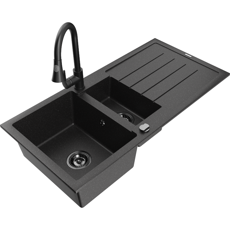 Mexen Andres Granitspüle 1,5-becken mit Abtropffläche und Küchenarmatur Elia, schwarz/silber - 6515-73-670101-70-B