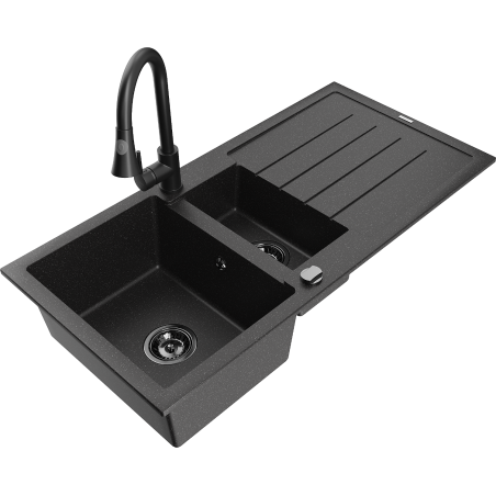 Mexen Andres Granitspüle 1,5-becken mit Abtropffläche und Küchenarmatur Elia, schwarz/silber - 6515-73-670101-70-B