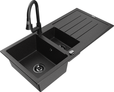 Mexen Andres Granitspüle 1,5-becken mit Abtropffläche und Küchenarmatur Elia, schwarz/silber - 6515-73-670101-70-B
